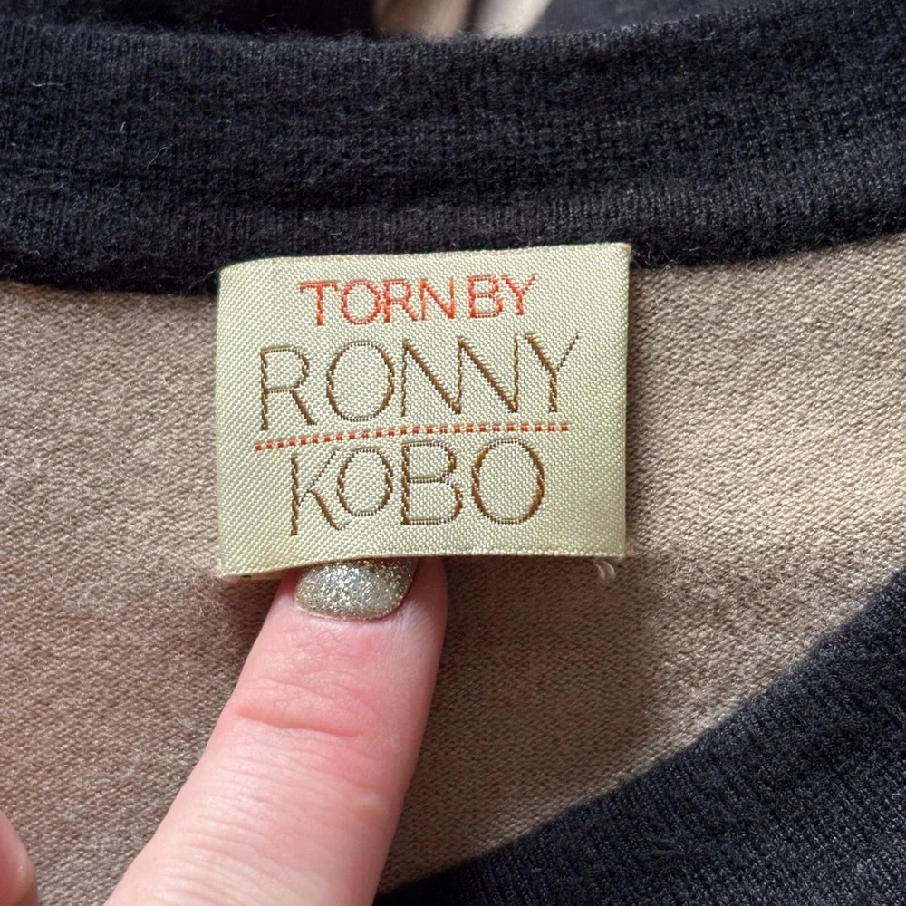 Torn by Ronny Kobo Striped Black and Tan Blouse - Picture 2 of 5